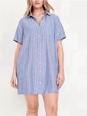 Old Navy Blue and White Striped Linen Blend Mini Shirt Dress - Size Large